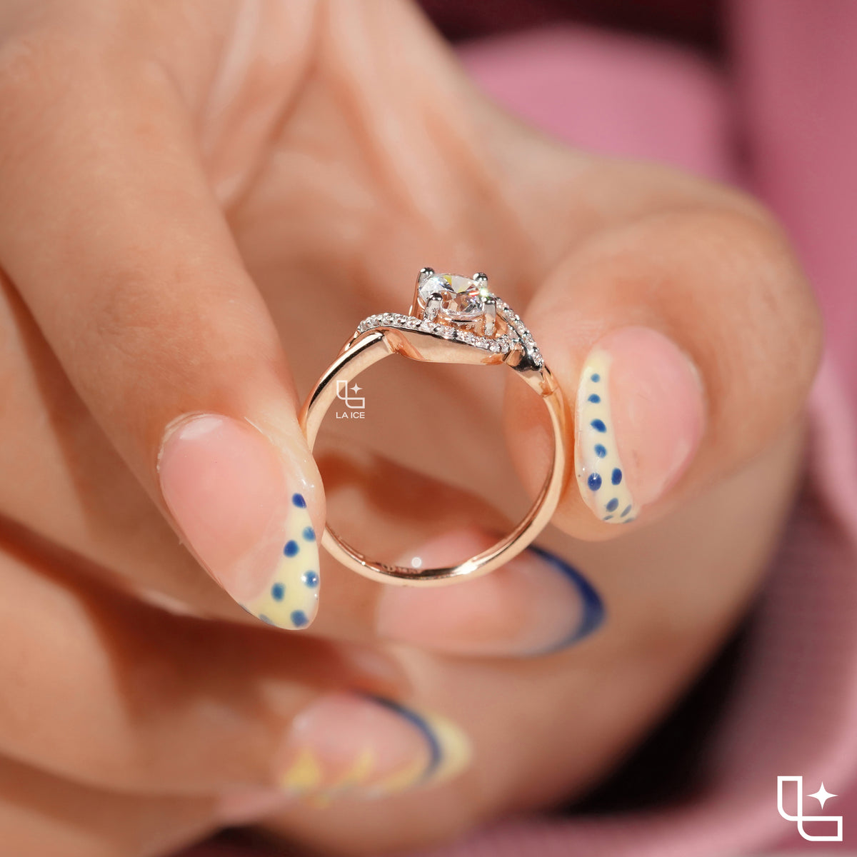 Round Cut Asymmetrical Halo Engagement Ring with Curved Accent Band