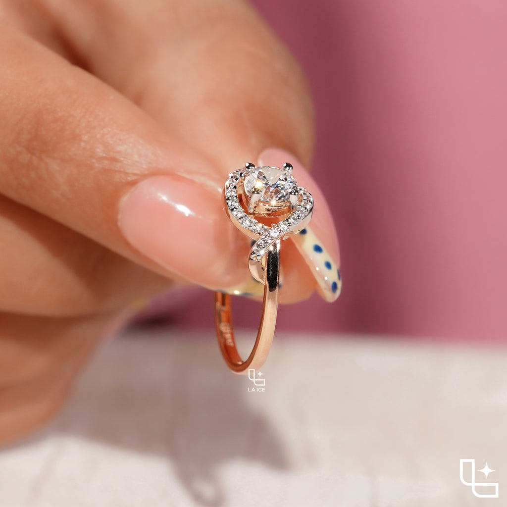Round Cut Asymmetrical Halo Engagement Ring with Curved Accent Band
