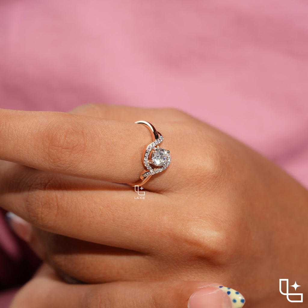 Round Cut Asymmetrical Halo Engagement Ring with Curved Accent Band