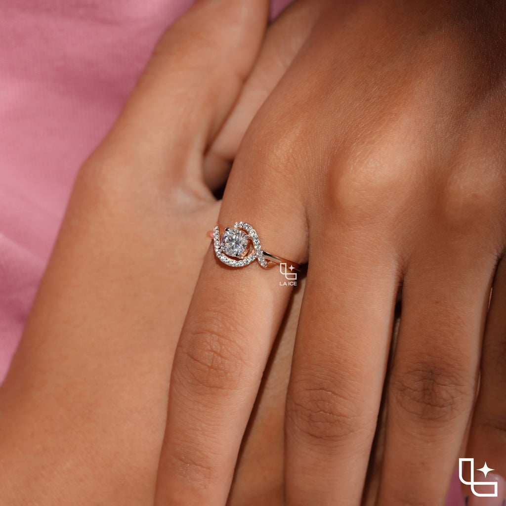 Round Cut Asymmetrical Halo Engagement Ring with Curved Accent Band