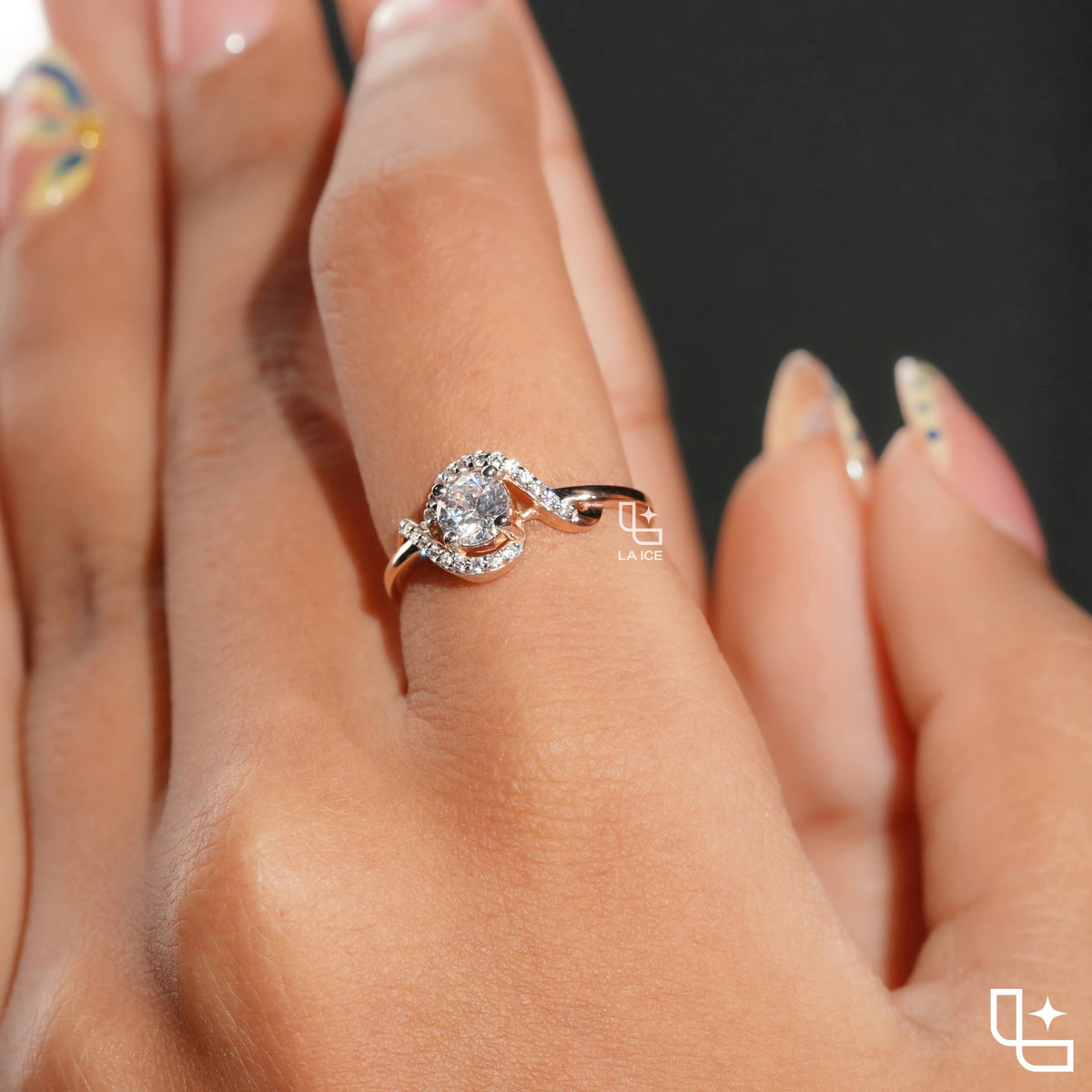 Round Cut Asymmetrical Halo Engagement Ring with Curved Accent Band