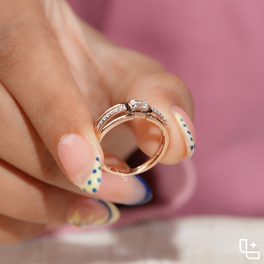 Emerald Cut Engagement Ring with Geometric Setting and Split Shank Band
