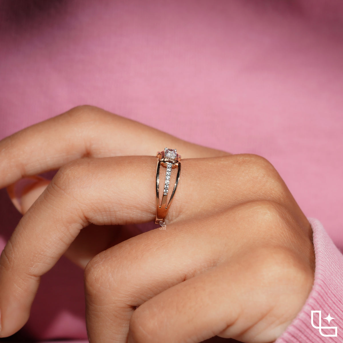 Emerald Cut Engagement Ring with Geometric Setting and Split Shank Band