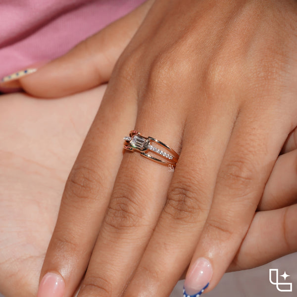Emerald Cut Engagement Ring with Geometric Setting and Split Shank Band