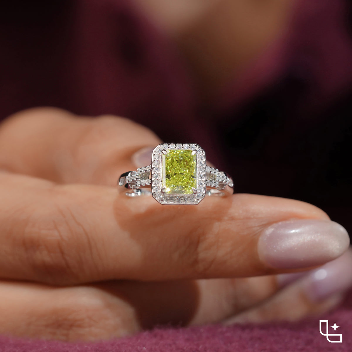 Radiant Cut Yellow Diamond Halo Ring – Fancy Yellow Diamond Engagement Ring in White Gold | Split Shank Statement Ring for Women