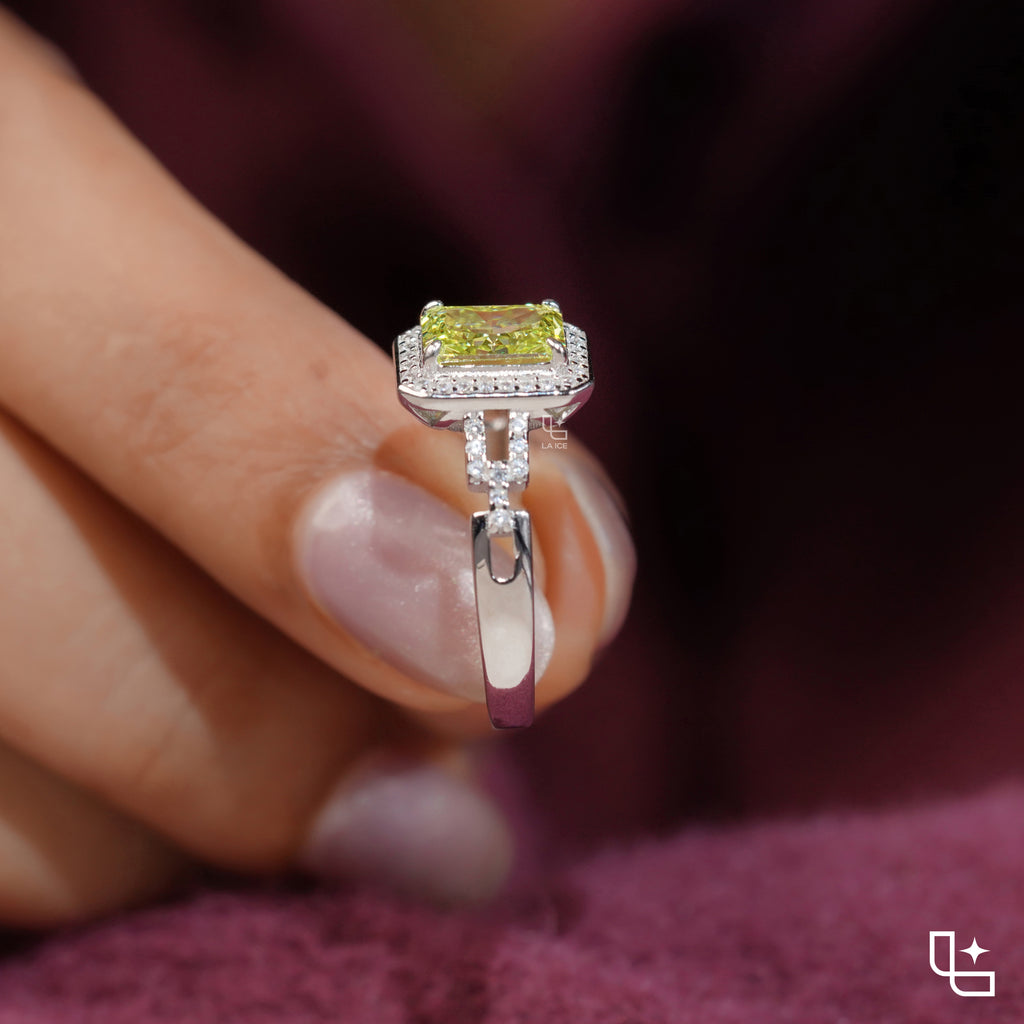 Radiant Cut Yellow Diamond Halo Ring – Fancy Yellow Diamond Engagement Ring in White Gold | Split Shank Statement Ring for Women