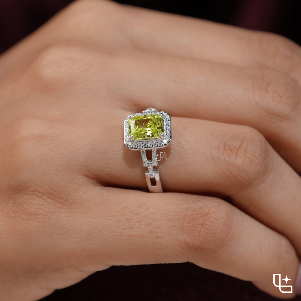 Radiant Cut Yellow Diamond Halo Ring – Fancy Yellow Diamond Engagement Ring in White Gold | Split Shank Statement Ring for Women