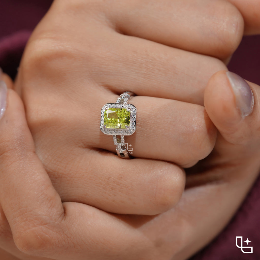 Radiant Cut Yellow Diamond Halo Ring – Fancy Yellow Diamond Engagement Ring in White Gold | Split Shank Statement Ring for Women