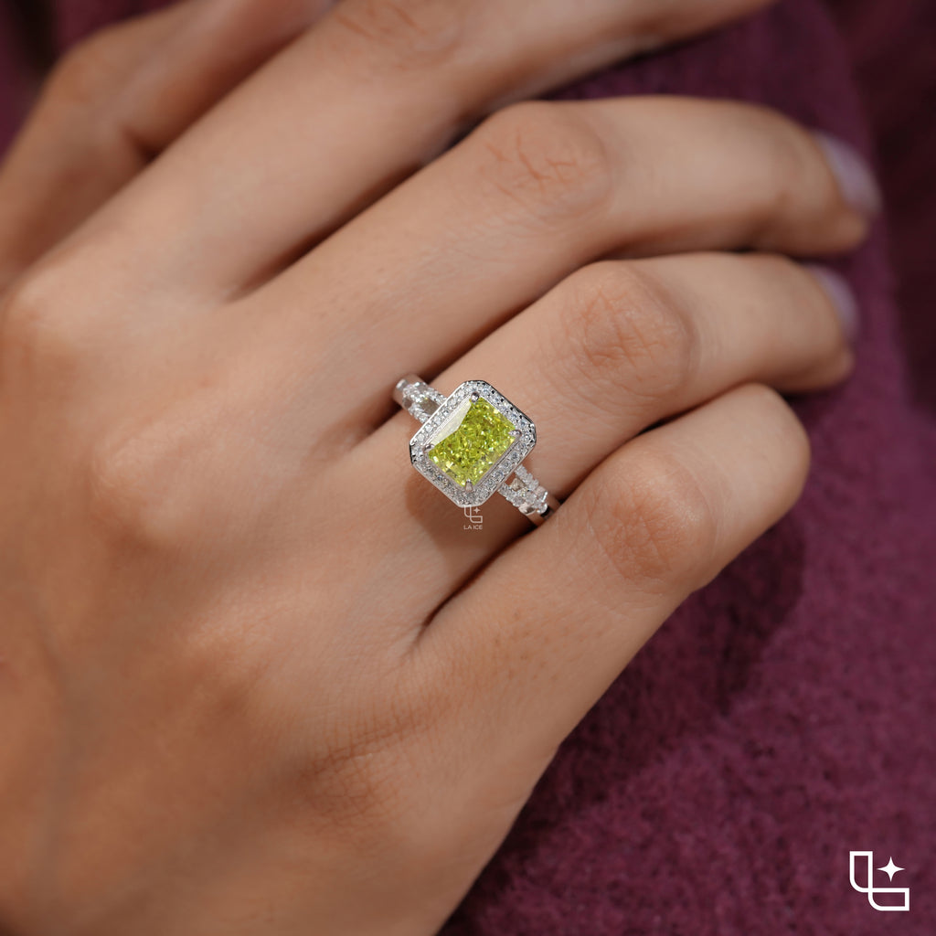 Radiant Cut Yellow Diamond Halo Ring – Fancy Yellow Diamond Engagement Ring in White Gold | Split Shank Statement Ring for Women
