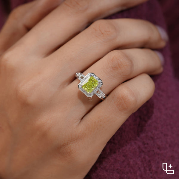 Radiant Cut Yellow Diamond Halo Ring – Fancy Yellow Diamond Engagement Ring in White Gold | Split Shank Statement Ring for Women