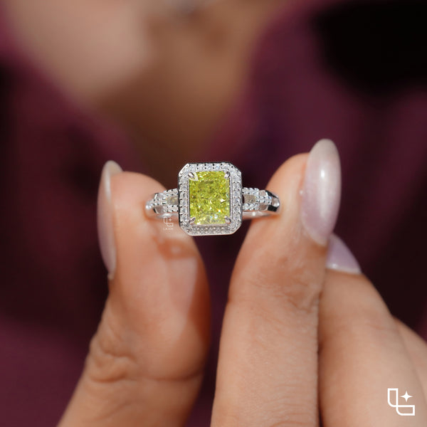 Radiant Cut Yellow Diamond Halo Ring – Fancy Yellow Diamond Engagement Ring in White Gold | Split Shank Statement Ring for Women
