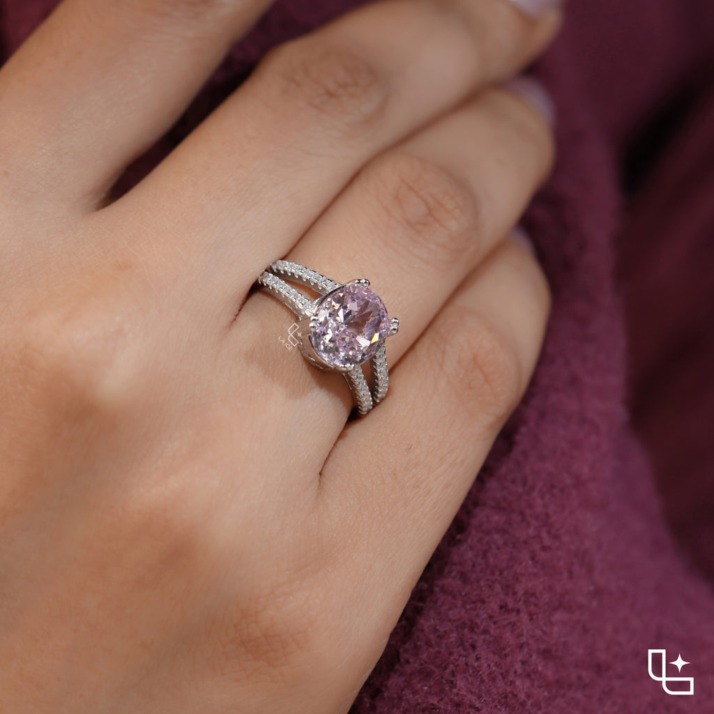 Purple Cushion Cut Halo Engagement Ring with Pavé Split Shank