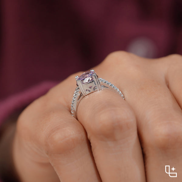 Purple Cushion Cut Halo Engagement Ring with Pavé Split Shank