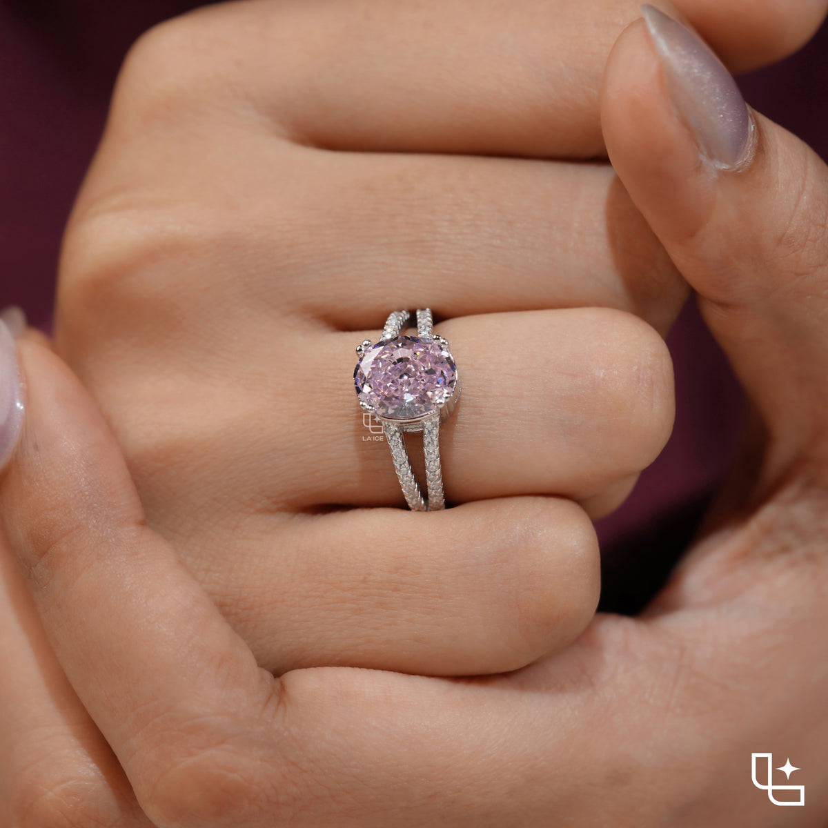 Purple Cushion Cut Halo Engagement Ring with Pavé Split Shank