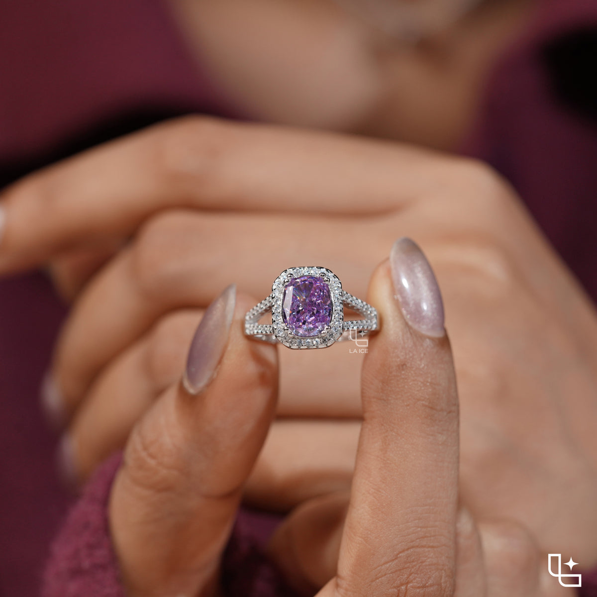 Purple Cushion Cut Halo Engagement Ring with Pavé Split Shank