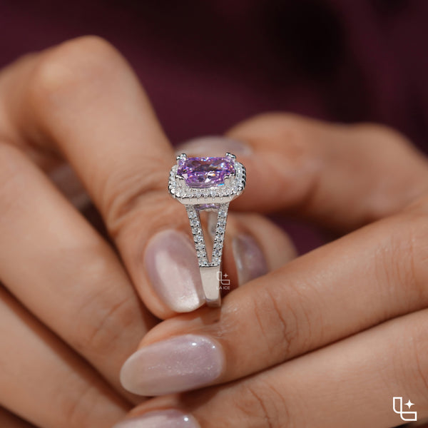 Purple Cushion Cut Halo Engagement Ring with Pavé Split Shank