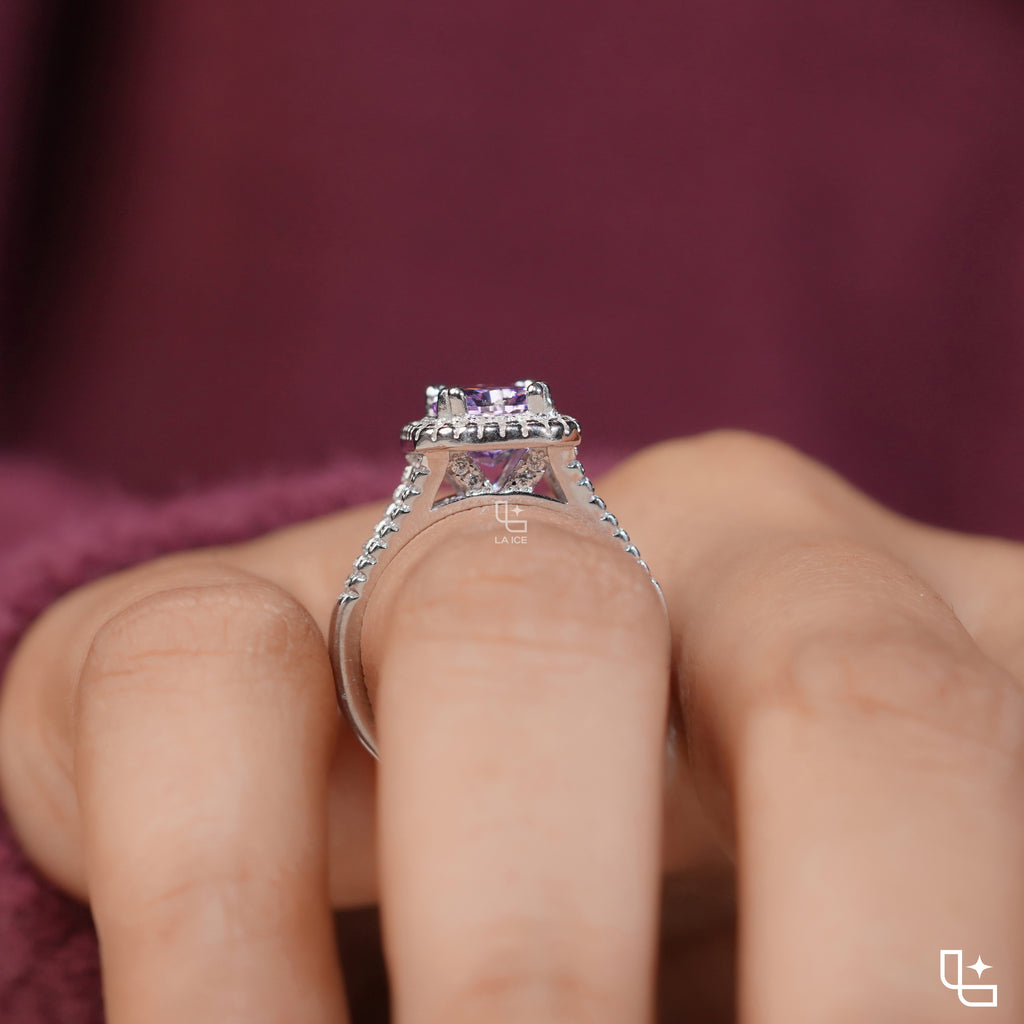 Purple Cushion Cut Halo Engagement Ring with Pavé Split Shank