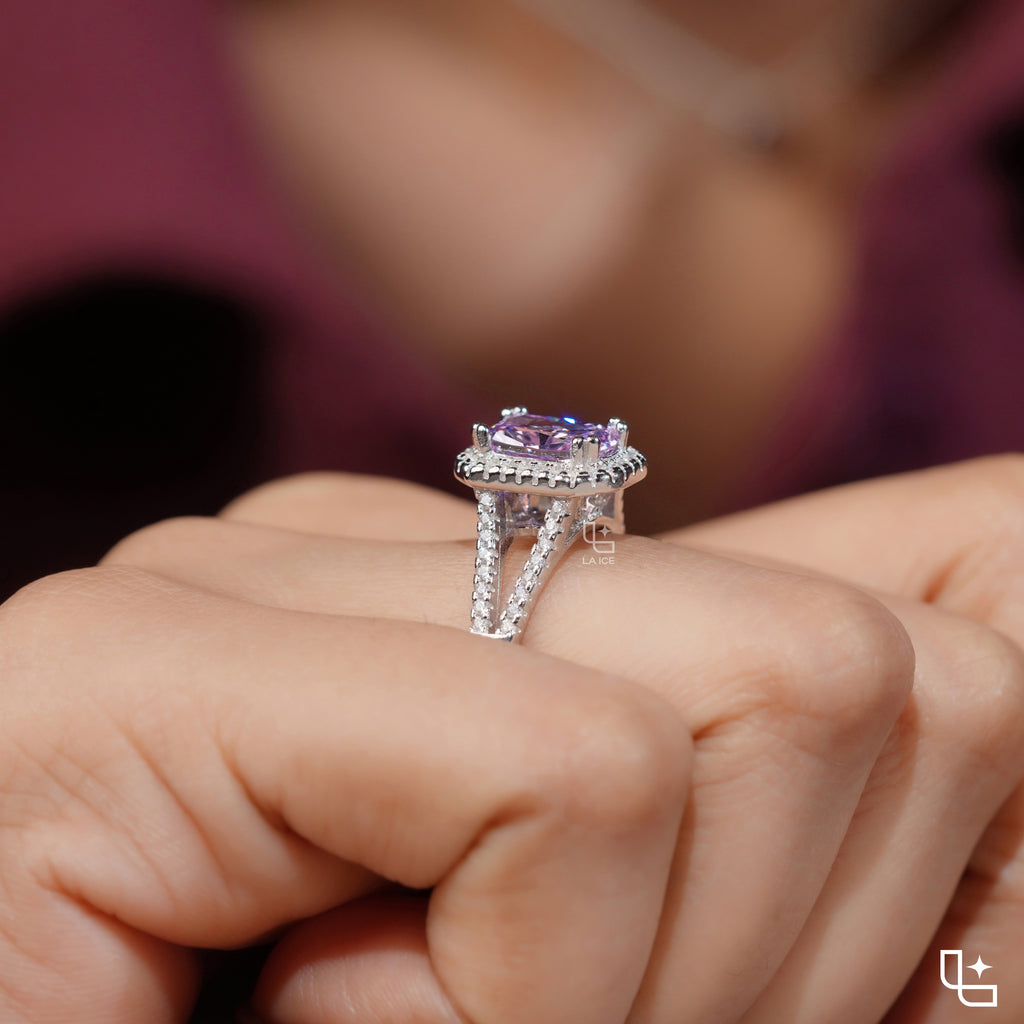 Purple Cushion Cut Halo Engagement Ring with Pavé Split Shank