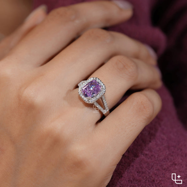 Purple Cushion Cut Halo Engagement Ring with Pavé Split Shank