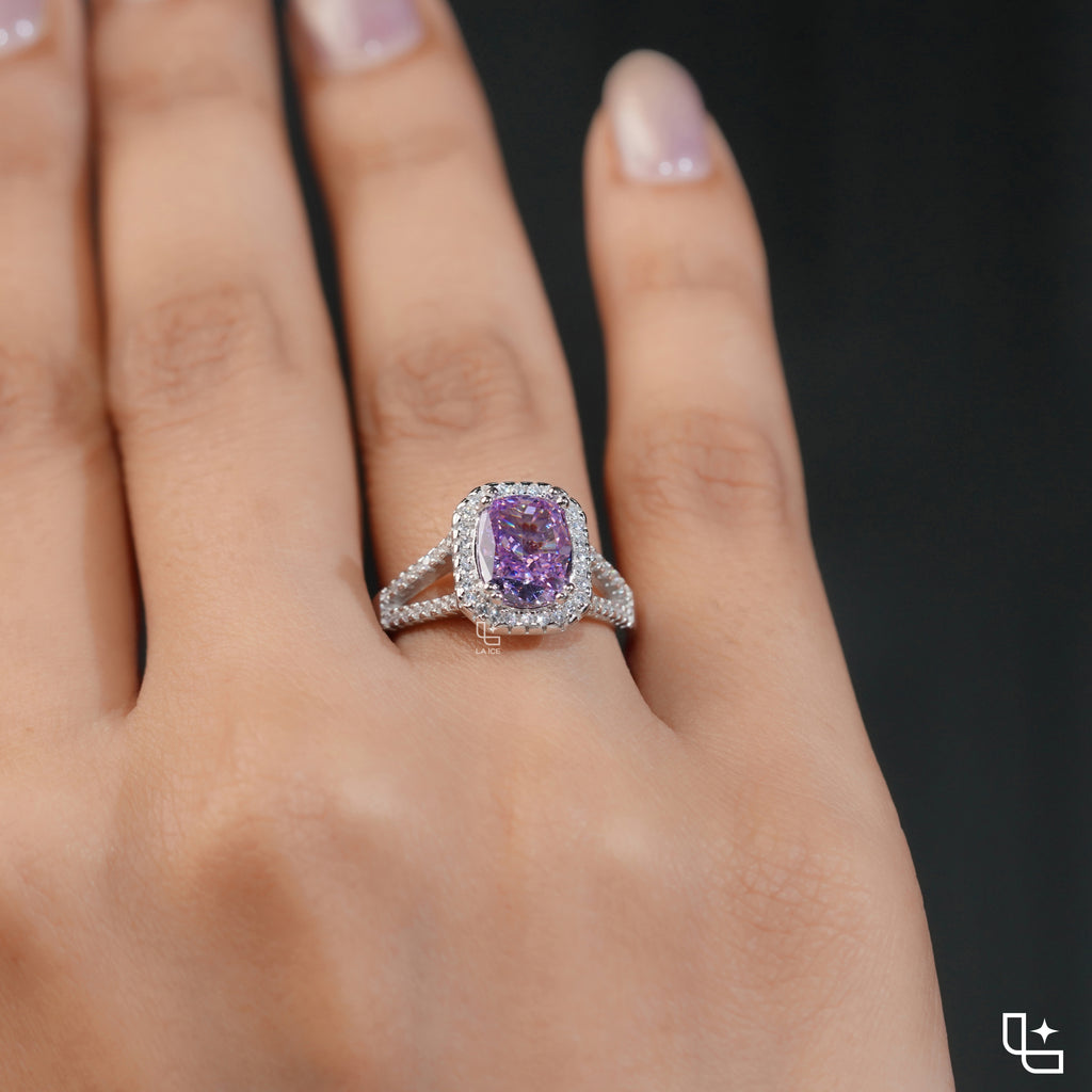 Purple Cushion Cut Halo Engagement Ring with Pavé Split Shank