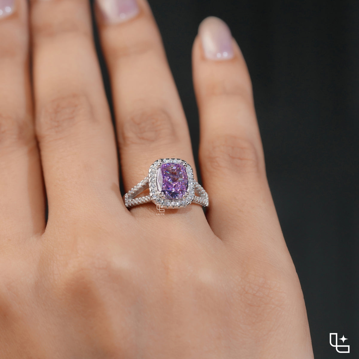 Purple Cushion Cut Halo Engagement Ring with Pavé Split Shank