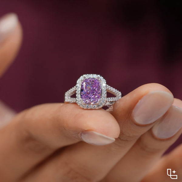 Purple Cushion Cut Halo Engagement Ring with Pavé Split Shank