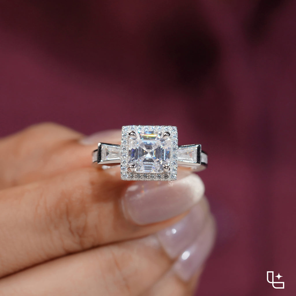 Asscher Cut Halo Engagement Ring with Baguette Side Stones