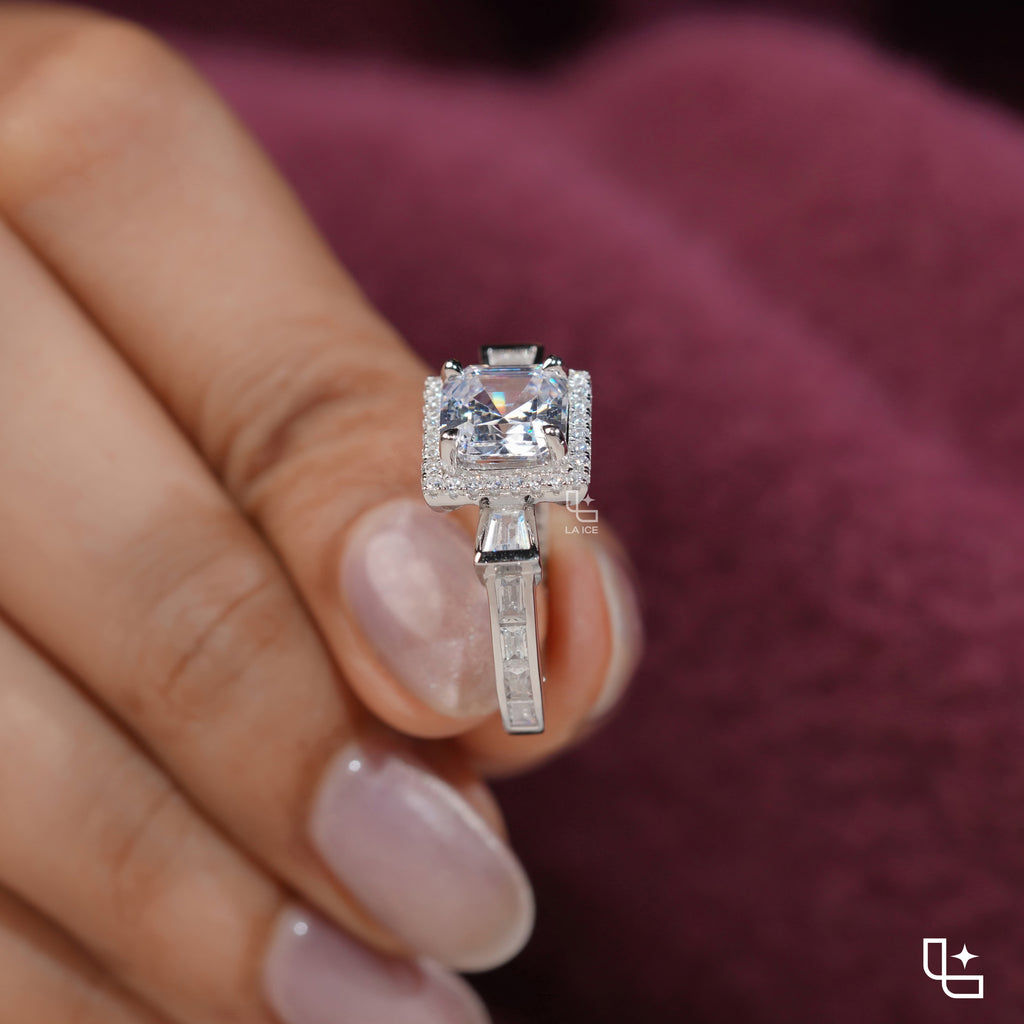 Asscher Cut Halo Engagement Ring with Baguette Side Stones