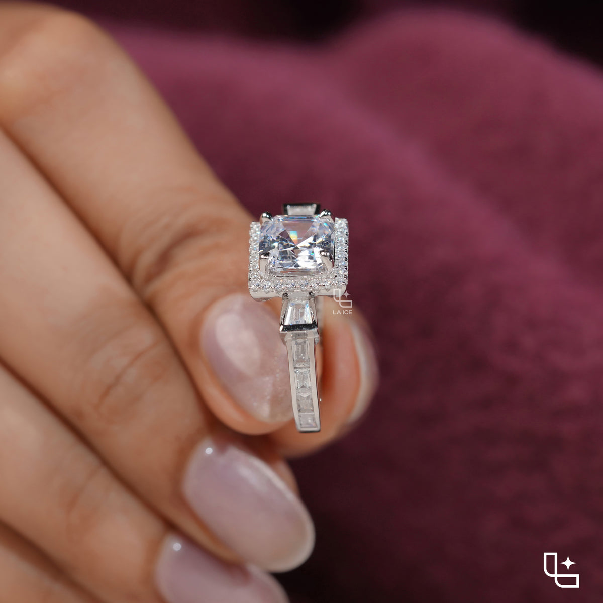 Asscher Cut Halo Engagement Ring with Baguette Side Stones