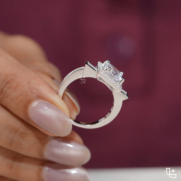 Asscher Cut Halo Engagement Ring with Baguette Side Stones