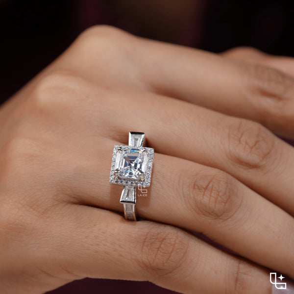 Asscher Cut Halo Engagement Ring with Baguette Side Stones