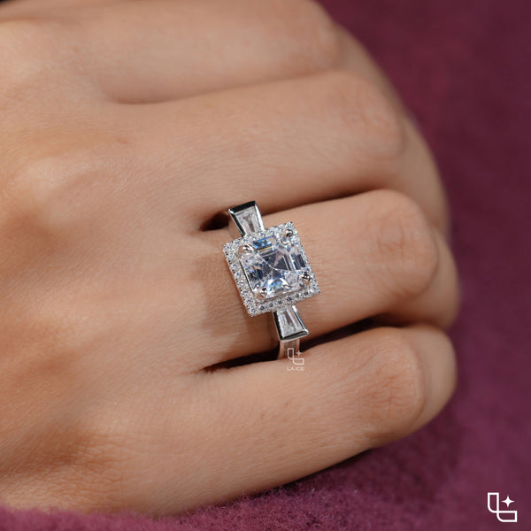 Asscher Cut Halo Engagement Ring with Baguette Side Stones