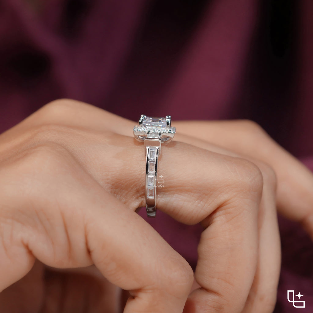 Asscher Cut Halo Engagement Ring with Baguette Side Stones
