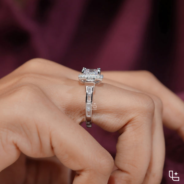 Asscher Cut Halo Engagement Ring with Baguette Side Stones