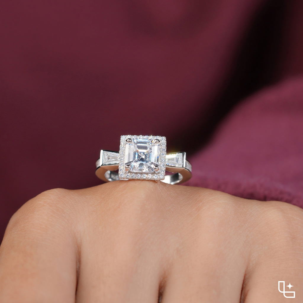 Asscher Cut Halo Engagement Ring with Baguette Side Stones