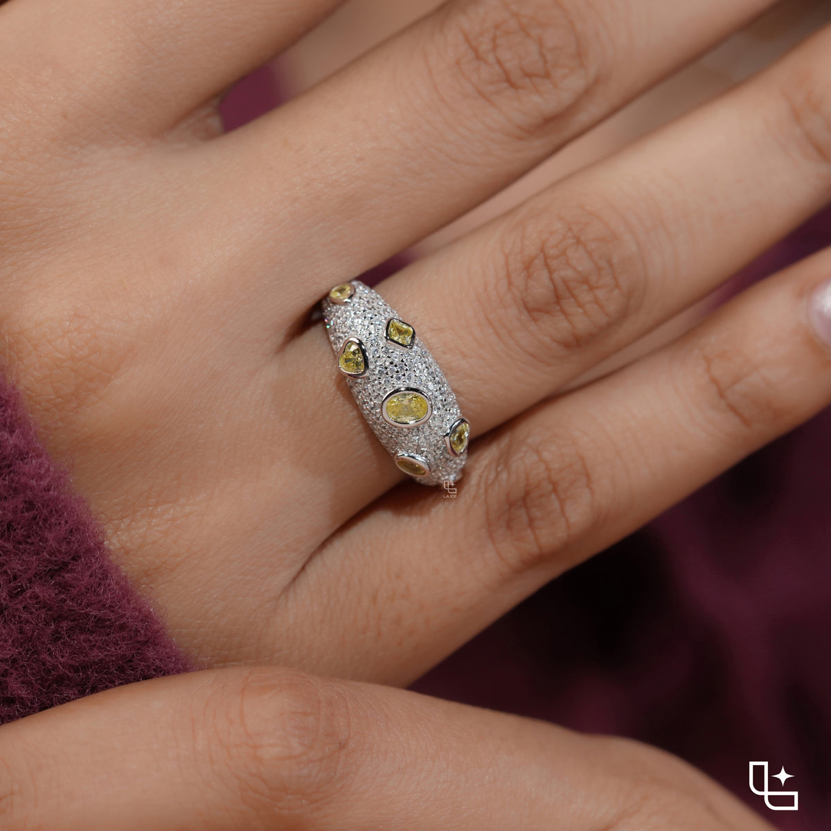 Yellow Oval and Pear Cut Pavé Statement Band Ring