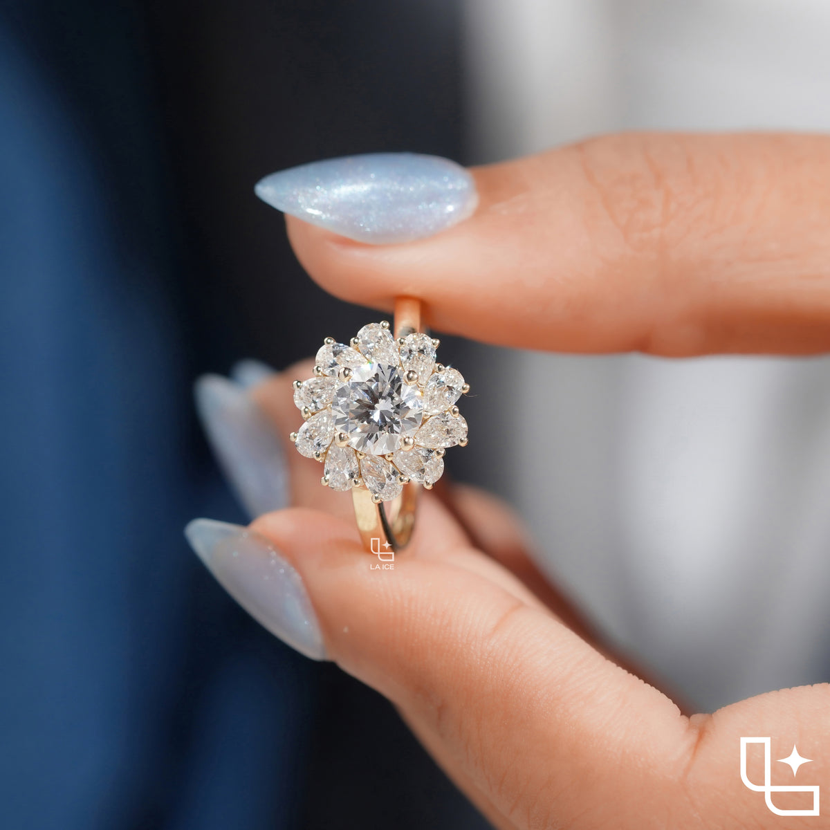 Round Center Floral Halo Engagement Ring with Cluster Side Stones