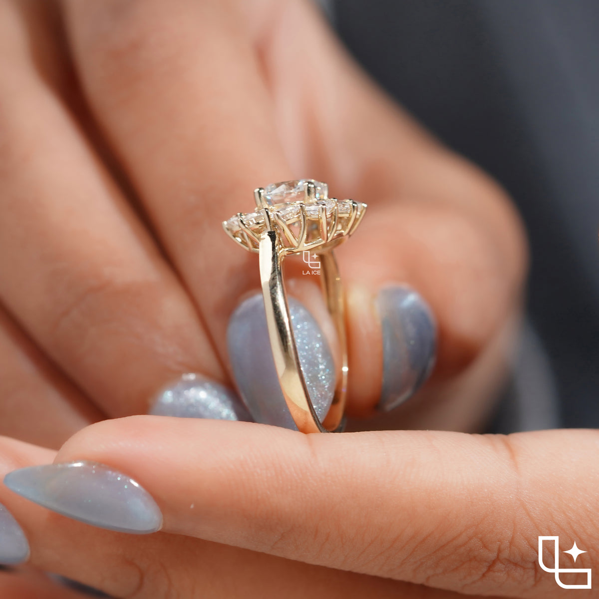 Round Center Floral Halo Engagement Ring with Cluster Side Stones