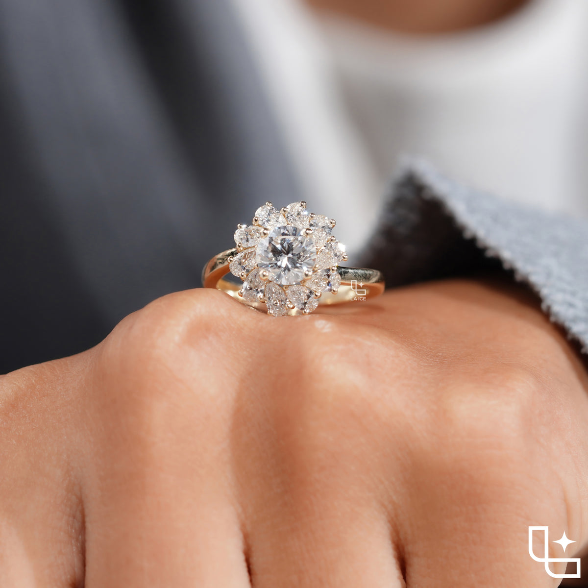 Round Center Floral Halo Engagement Ring with Cluster Side Stones