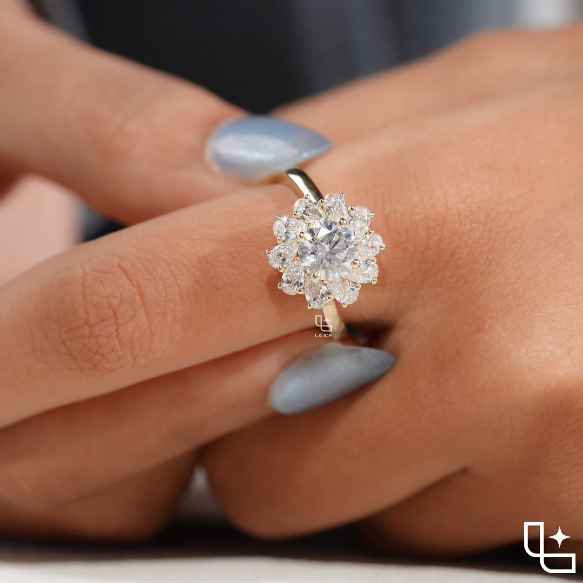 Round Center Floral Halo Engagement Ring with Cluster Side Stones