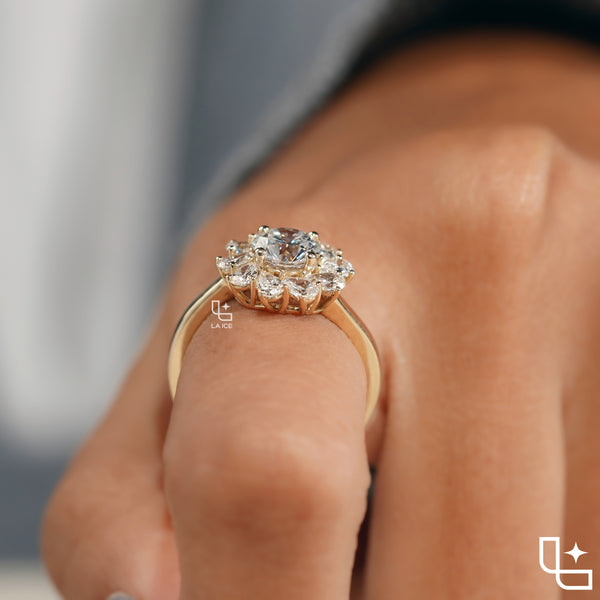 Round Center Floral Halo Engagement Ring with Cluster Side Stones