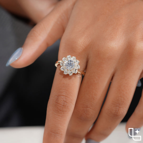 Round Center Floral Halo Engagement Ring with Cluster Side Stones