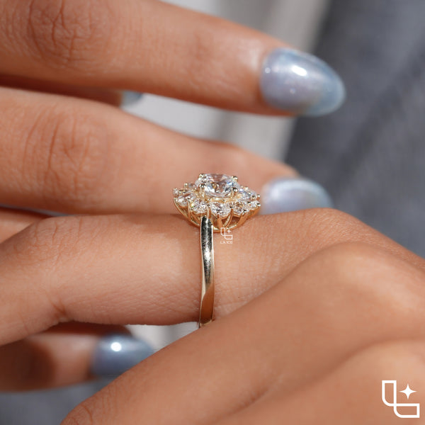 Round Center Floral Halo Engagement Ring with Cluster Side Stones