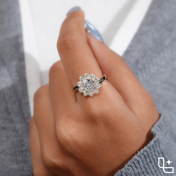 Round Center Floral Halo Engagement Ring with Cluster Side Stones