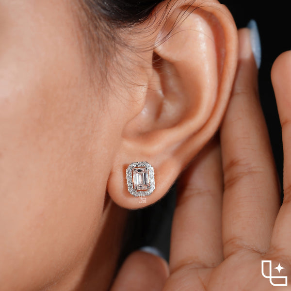 Emerald Cut Halo Stud Earrings with Rounded Rectangle Accent Border, 2.00 CT Total Diamond Weight
