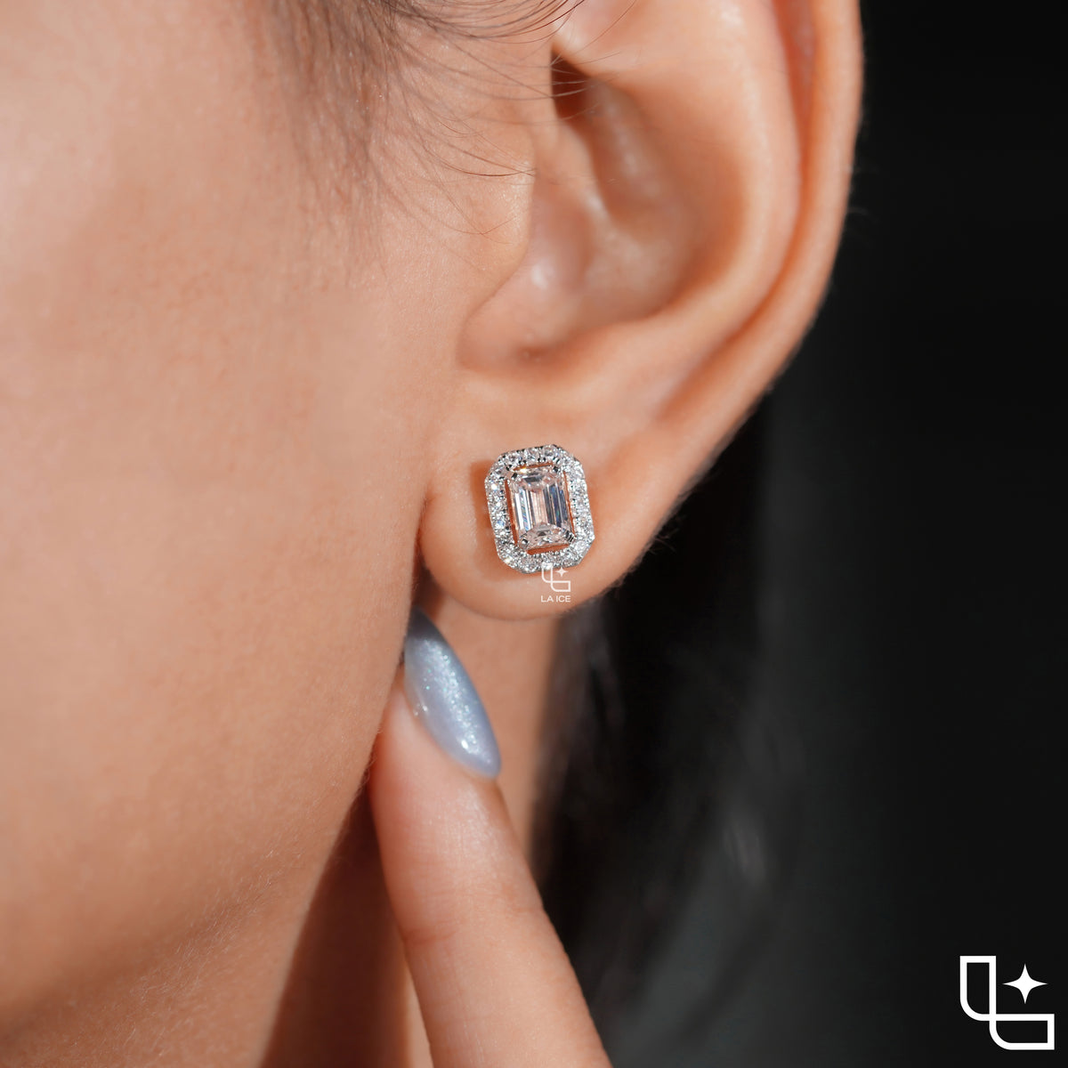 Emerald Cut Halo Stud Earrings with Rounded Rectangle Accent Border, 2.00 CT Total Diamond Weight