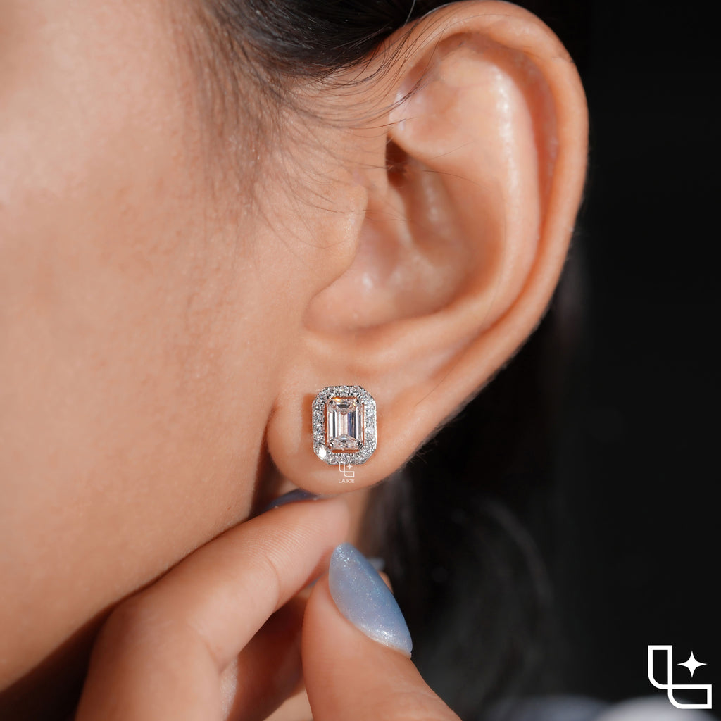 Emerald Cut Halo Stud Earrings with Rounded Rectangle Accent Border, 2.00 CT Total Diamond Weight