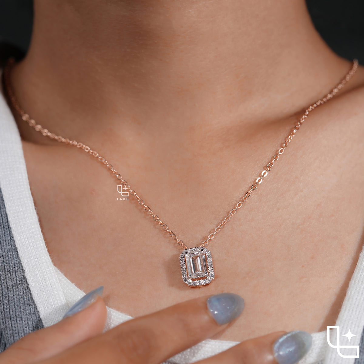 Emerald Cut Halo Pendant Necklace, Rectangular Sparkling Stone Design