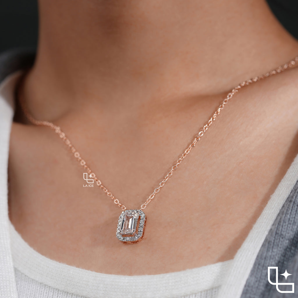 Emerald Cut Halo Pendant Necklace, Rectangular Sparkling Stone Design