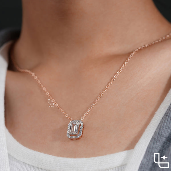 Emerald Cut Halo Pendant Necklace, Rectangular Sparkling Stone Design